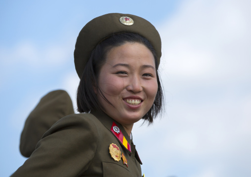 Portrait of a smiling North Korean female soldier, Pyongan Province, Pyongyang, North Korea