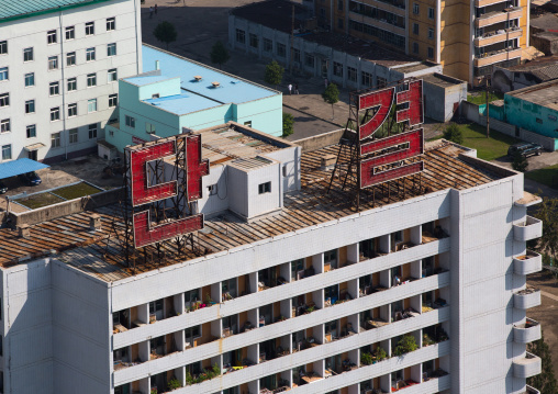 High angle view of buildings in the city center with the slogan union, Pyongan Province, Pyongyang, North Korea