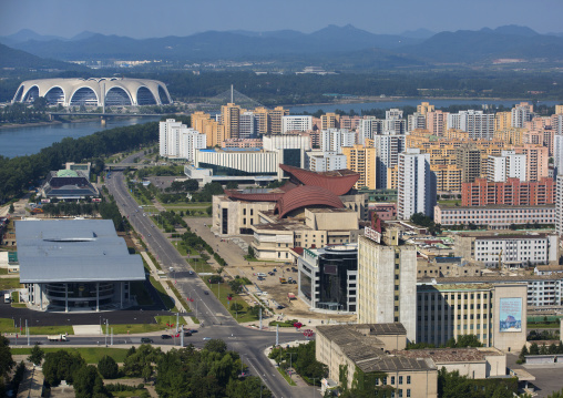 Buildings and stadium seen from the top of the Juche tower, Pyongan Province, Pyongyang, North Korea