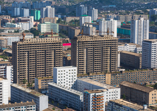 High angle view of buildings in the city center, Pyongan Province, Pyongyang, North Korea