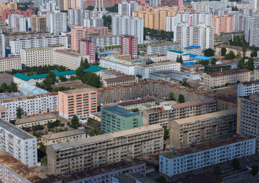 High angle view of buildings in the city center, Pyongan Province, Pyongyang, North Korea