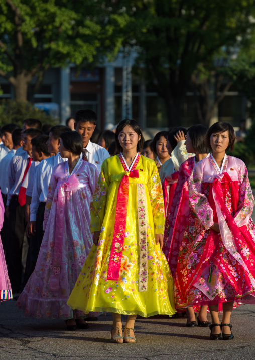 North Korean students during a mass dance performance on september 9 day of the foundation of the republic, Pyongan Province, Pyongyang, North Korea