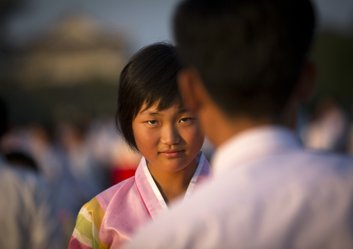 North Korean students during a mass dance performance on september 9 day of the foundation of the republic, Pyongan Province, Pyongyang, North Korea