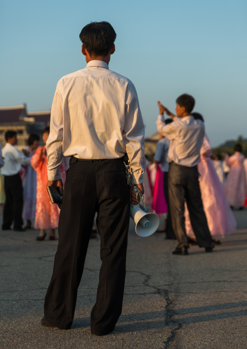 North Korean students during a mass dance performance on september 9 day of the foundation of the republic, Pyongan Province, Pyongyang, North Korea