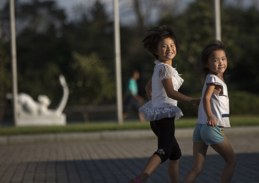 North Korean girls running in Songdowon international children's camp, Kangwon Province, Wonsan, North Korea