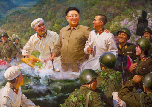 North Korean propaganda painting depicting Kim Jong il sharing a meal with happy soldiers, Kangwon Province, Wonsan, North Korea