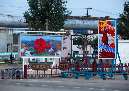 Row of North Korean propaganda billboards in the street, South Hamgyong Province, Hamhung, North Korea