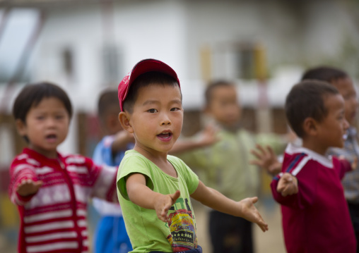North Korean children making morning gymnastics at school, South Hamgyong Province, Hamhung, North Korea