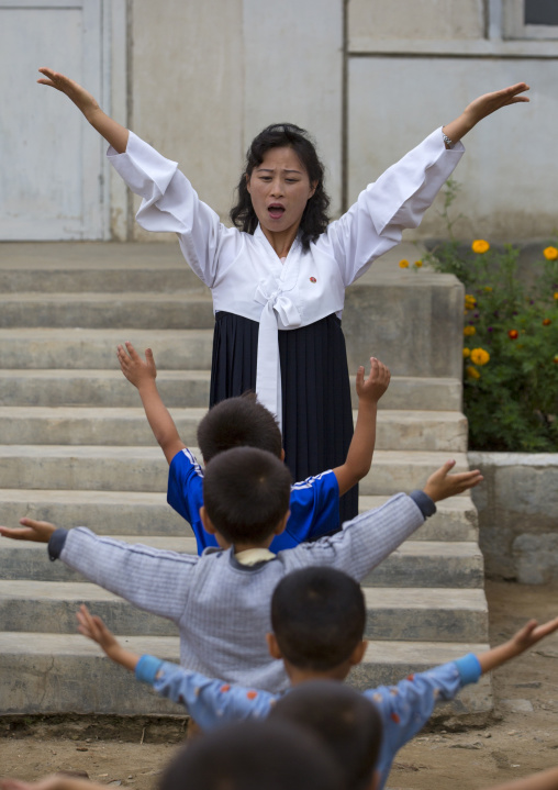 North Korean children making morning gymnastics at school, South Hamgyong Province, Hamhung, North Korea