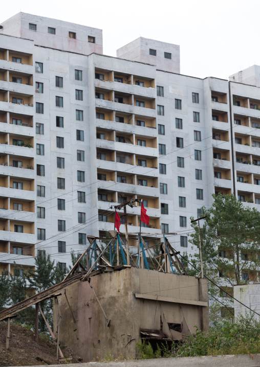 Construction in front of apartments blocks, Pyongan Province, Pyongyang, North Korea