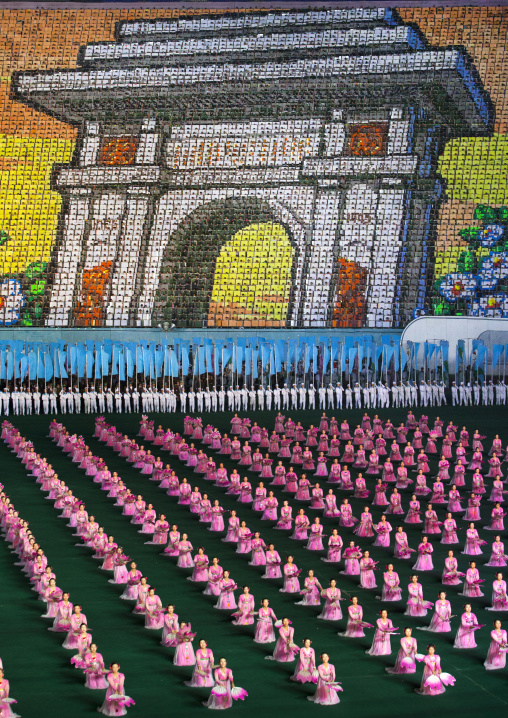 Arch of triumph made by children pixels holding up colored boards during Arirang mass games in may day stadium, Pyongan Province, Pyongyang, North Korea