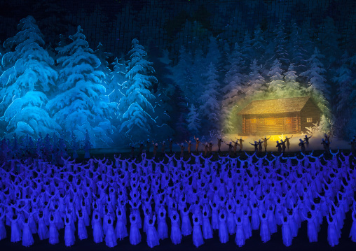 North Korean dancers performing in front of Kim Jong il native house during Arirang mass games in may day stadium, Pyongan Province, Pyongyang, North Korea