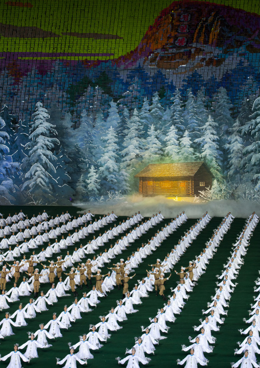 North Korean dancers performing in front of Kim Jong il native house during Arirang mass games in may day stadium, Pyongan Province, Pyongyang, North Korea