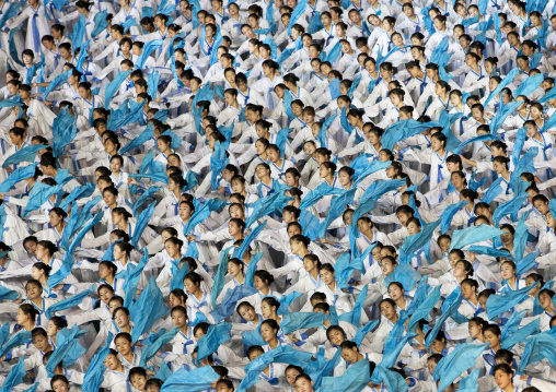 North Korean women dancing in choson-ot during the Arirang mass games in may day stadium, Pyongan Province, Pyongyang, North Korea