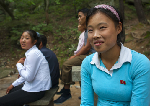 North Korean women sit in a park, North Hwanghae Province, Kaesong, North Korea