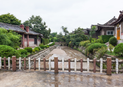 River crossing old traditional Korean houses in the folk hotel, North Hwanghae Province, Kaesong, North Korea