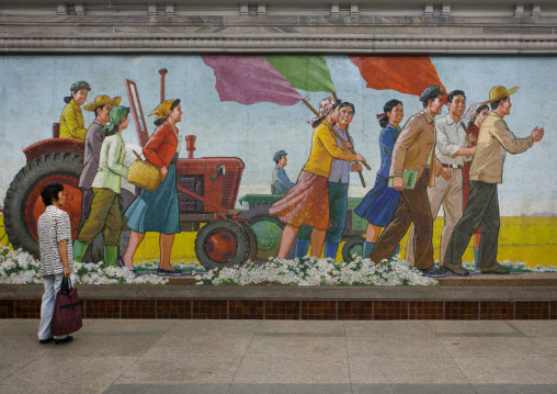 Mosaic inside a metro station depicting somez peasants with a tractor, Pyongan Province, Pyongyang, North Korea