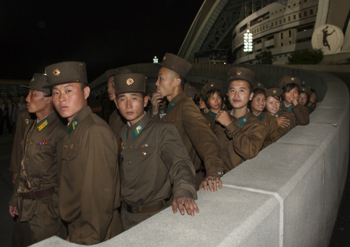 North Korean soldiers going to the Arirang mass games in may day stadium, Pyongan Province, Pyongyang, North Korea