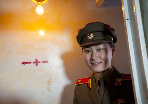 North Korean guide inside Uss Pueblo spy boat, Pyongan Province, Pyongyang, North Korea