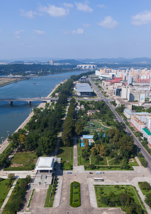 Buildings and stadium seen from the top of the Juche tower, Pyongan Province, Pyongyang, North Korea