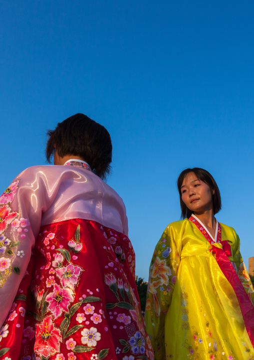 North Korean students during a mass dance performance on september 9 day of the foundation of the republic, Pyongan Province, Pyongyang, North Korea