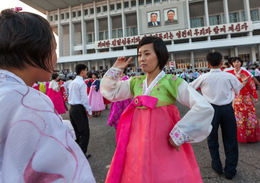 North Korean students during a mass dance performance on september 9 day of the foundation of the republic, Pyongan Province, Pyongyang, North Korea