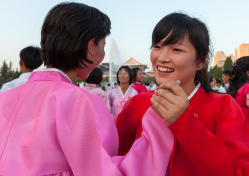 North Korean students during a mass dance performance on september 9 day of the foundation of the republic, Pyongan Province, Pyongyang, North Korea