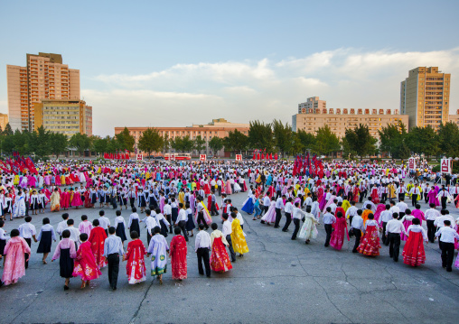 North Korean students during a mass dance performance on september 9 day of the foundation of the republic, Pyongan Province, Pyongyang, North Korea