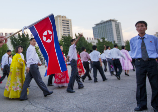 North Korean students during a mass dance performance on september 9 day of the foundation of the republic, Pyongan Province, Pyongyang, North Korea
