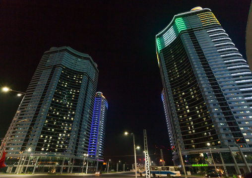 New buildings in Changjon area illuminated in the night, Pyongan Province, Pyongyang, North Korea