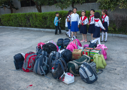 North Korean pioneers arriving in Songdowon international children's camp, Kangwon Province, Wonsan, North Korea