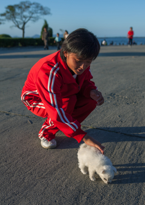 North Korean girl with a small dog, Kangwon Province, Wonsan, North Korea