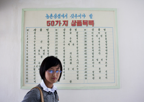 North Korean woman in front of a list of products for sale in a small shop, South Hamgyong Province, Hamhung, North Korea
