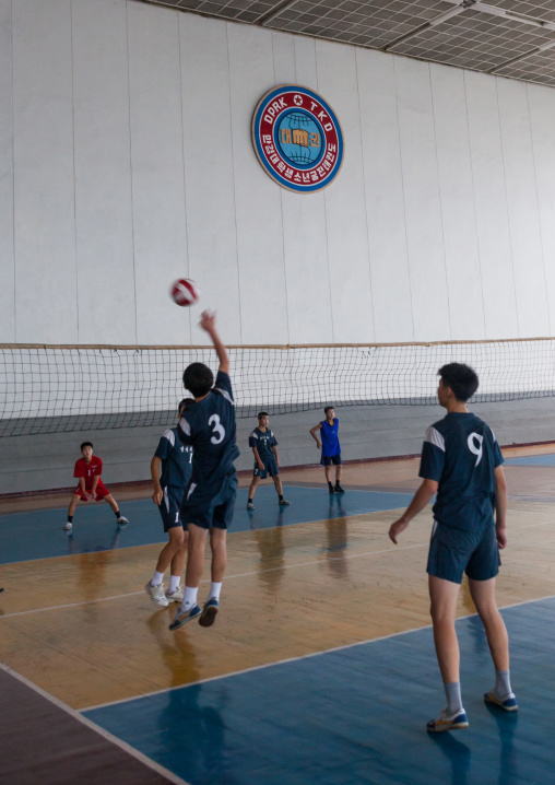 North Korean children playing volley ball in the Mangyongdae children's palace, Pyongan Province, Pyongyang, North Korea