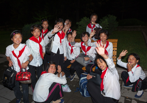 North Korean pioneers in Kaeson youth park at night, Pyongan Province, Pyongyang, North Korea