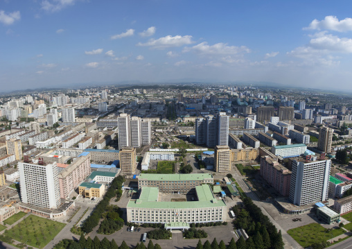 High angle view of buildings in the city center, Pyongan Province, Pyongyang, North Korea