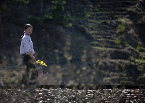 North Korean woman with flowers walking on a railway in the countryside, North Hamgyong Province, Chilbo Sea, North Korea