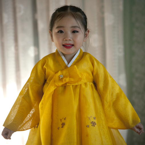 Portrait of a North Korean little girl in traditional choson-ot, North Hamgyong Province, Chongjin, North Korea