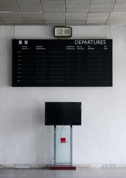 No flights scheduled on the departures billboard in Sunan international airport, Pyongan Province, Pyongyang, North Korea