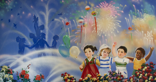 Propaganda poster depicting happy multiracial children, Pyongan Province, Pyongyang, North Korea