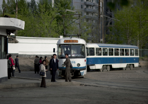 North Korean people taking a tramway, Pyongan Province, Pyongyang, North Korea