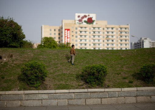 North Korean boy in a housing area, Pyongan Province, Pyongyang, North Korea