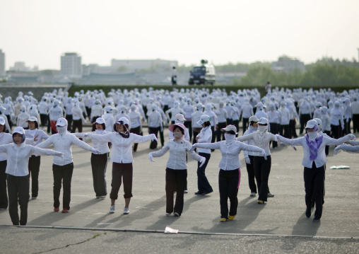 Young North Korean women during a mass games rehearsal in the city, Pyongan Province, Pyongyang, North Korea