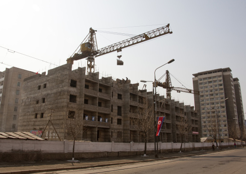 Cranes on a building site construction, Pyongan Province, Pyongyang, North Korea