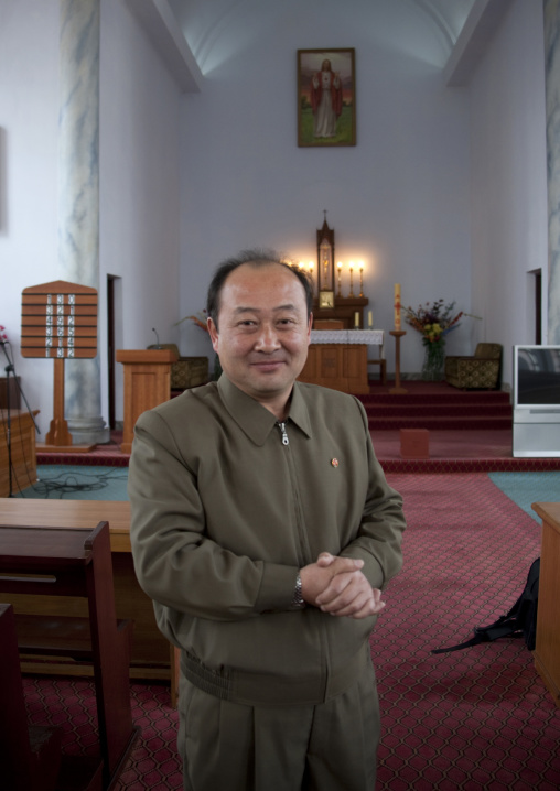 North Korean official in charge of changchung cathedral, Pyongan Province, Pyongyang, North Korea