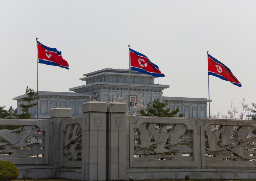 North Korean flags in front of Kumsusan memorial palace, Pyongan Province, Pyongyang, North Korea