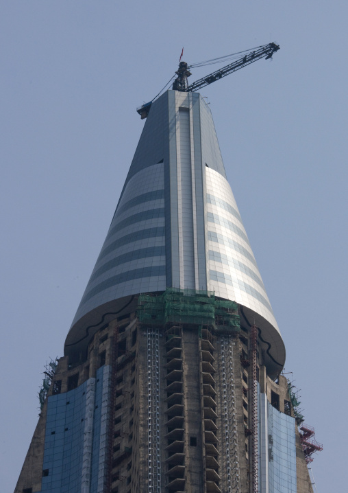 Construction of the pyramid-shaped Ryugyong hotel, Pyongan Province, Pyongyang, North Korea