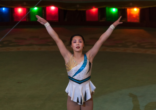 North Korean woman acrobat in Pyongyang circus, Pyongan Province, Pyongyang, North Korea