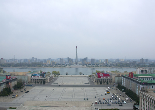 High angle view of Kim il Sung square and the Juche tower, Pyongan Province, Pyongyang, North Korea