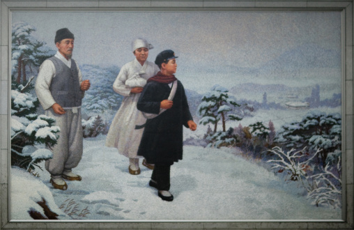 Young Kim il Sung in the snow on a propaganda mosaic fresco, Pyongan Province, Pyongyang, North Korea